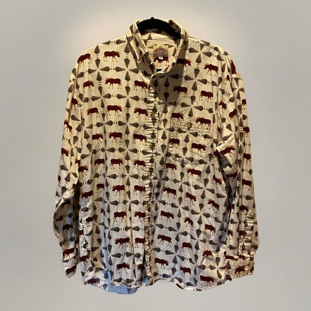 BARN FLY - Men's‎ Long Sleeve Outdoor Moose & Tree Shirt - Size Med Cotton EUC